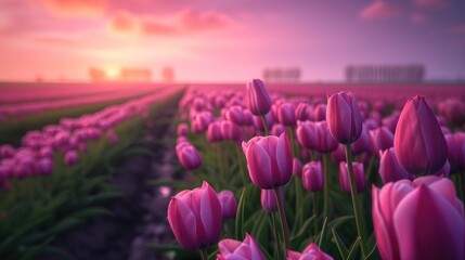 Na obrazie widzimy pole wypełnione różowymi tulipanami, których kwiaty sięgają horyzontu, a w...