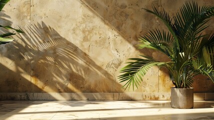 a shadow cast on the wall by palm tree