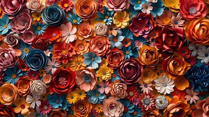 A colorful paper craft flower bouquet. 3d rendering, Rose, daisy, dahlia, and others, floral botanical wallpaper. The scene is cheerful and vibrant