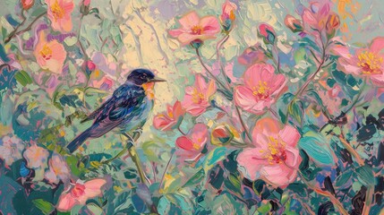 Na obrazie znajduje się niebieski ptak, który siedzi na szczycie kwiatów. Ptak ma piękne pióra o kolorze niebieskim. Kwiaty są pełne kolorowych płatków i liści