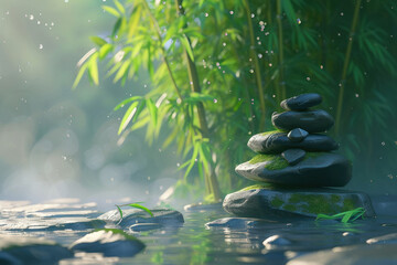 a stack of stones with bamboo plants in the background