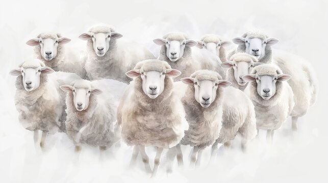 A charming watercolor painting of a flock of sheep, each sheep rendered in fluffy whites and soft grays, giving a sense of texture and softness, on a white background. 