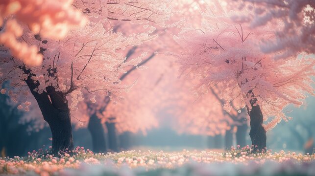 Fototapeta Na obrazie widoczne są drzewa z różowymi kwiatami na pierwszym planie. Kwiaty są w pełnym rozkwicie, tworząc malowniczy widok natury w parku w okresie wiosennym