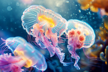 Vibrant jellyfish swimming in deep blue ocean for World Oceans Day