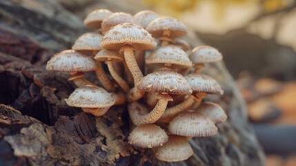 A close-up of a cluster of mushrooms growing on a tree trunk, with a focus on textures and natural details. 