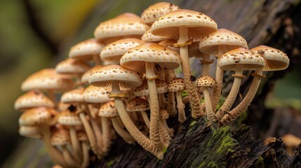A close-up of a cluster of mushrooms growing on a tree trunk, with a focus on textures and natural details. 