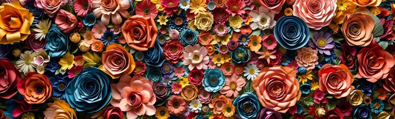 A colorful paper craft flower bouquet. 3d rendering, Rose, daisy, dahlia, and others, floral botanical wallpaper. The scene is cheerful and vibrant