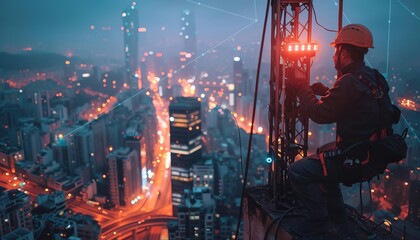 An engineer installing a 5G antenna on a rooftop, with a cityscape in the background showing multiple signal beams