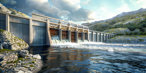 A image of a hydroelectric power plant with dam structures and turbines, harnessing the energy of...