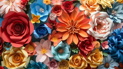 A colorful paper craft flower bouquet with a variety of colors. 3d rendering, abstract wide panoramic floral background