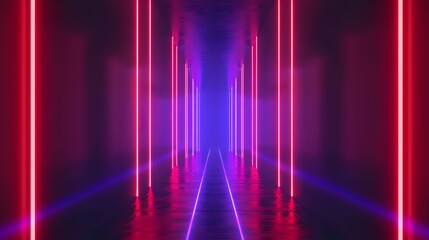 A long narrow futuristic Neon Light Tunnel with red and purple lights. The lights are arranged in a way that they seem to be moving. The scene is energetic and exciting