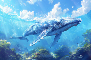 Fototapeta premium Serene underwater scene with a majestic whale.