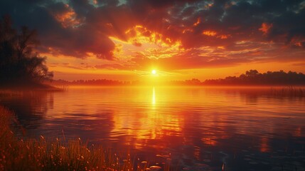 Słońce zachodzi nad jeziorem, a w pierwszym planie widoczna jest zielona trawa. Obraz przedstawia...