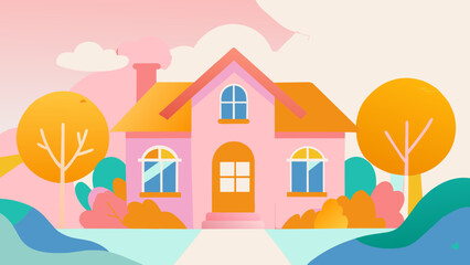 Charming Pink House in a Whimsical Pastel Landscape