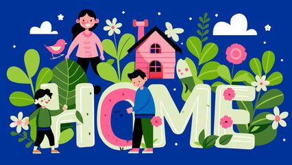 Colorful Illustration of Family Enjoying Time at Cartoon Home Surrounded by Nature