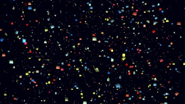Colored large confetti falls in space on a dark background with small particles. Abstract video computer render for intro, web design, moving background.