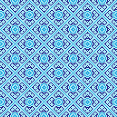 Asian Traditional  flower pattern in blue and light blue background  with pixel art design for wall paper, textile and carpet 