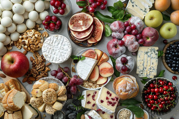 Variety of cheeses, fruits, and nuts on a wooden board.