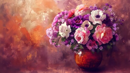 Fototapeta premium Happy Mother's day background, Mothers day flowers in vase done, Elegant floral colors of purple pink white and peach in dark green and rusted orange vase