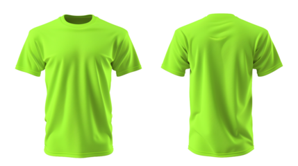 A neon green blank jersey t-shirt mockup template, showcasing both front and back views on a transparent background.