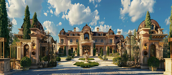A image of a luxurious mansion estate with gated entrance, sprawling grounds, and opulent...