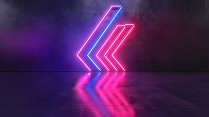 Neon Arrows Illumination on Reflective Surface, 3d render, The arrows point to the left, creating a dynamic sense of movement. The neon lights reflect beautifully on the glossy floor beneath