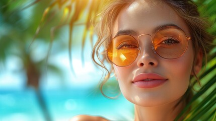 Kobieta w modnych okularach stojąca obok palmowego drzewa na plaży w słońcu