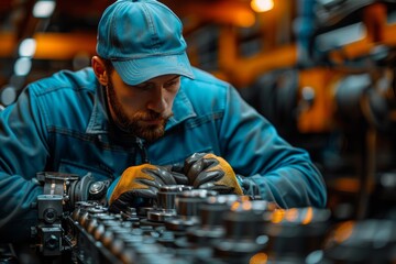 A friendly technician with a safety helmet and protective gear in an industrial setting
