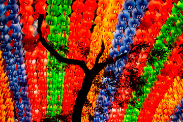 View of the illuminated lotus lanterns in the Buddhist temple on Buddha's birthday