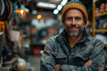Obraz premium Warm portrait of a bearded man in a yellow jacket and hard hat with a content smile