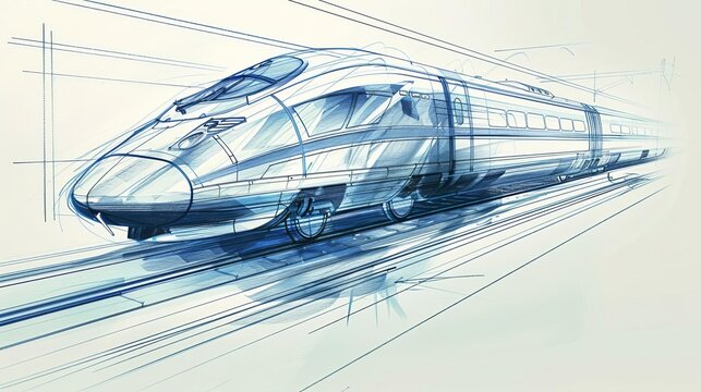 A technical sketch of a bullet train, focusing on the aerodynamic design and braking systems