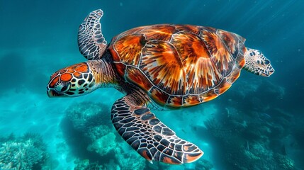 A sea turtle swims in the deep ocean