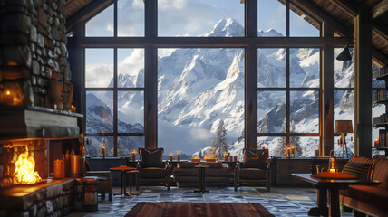 A image of a mountain chalet nestled among snow-capped peaks, featuring cozy interiors, a...