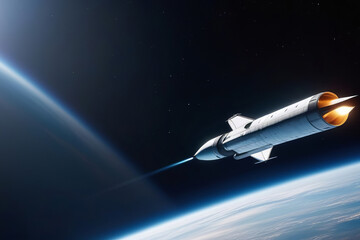 Rockets starship flying in outer space. Space shuttle flight. Planet Earth on background. Sci-fi concept