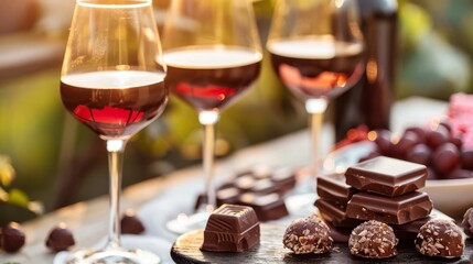 A decadent chocolate and wine tasting event in a private vineyard, with guests enjoying the finest pairings