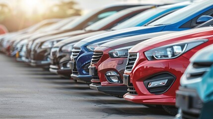A row of front of used cars on midday. Rental or auto sale concept