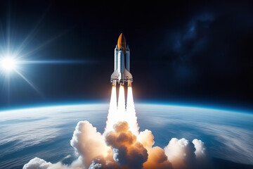 Rockets starship flying in outer space. Space shuttle flight slow motion. Planet Earth and sun on background. Sci-fi concept