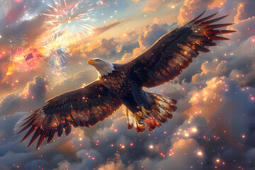 Flying eagle with American flag and fireworks on background, 4 July Independence Day celebration.