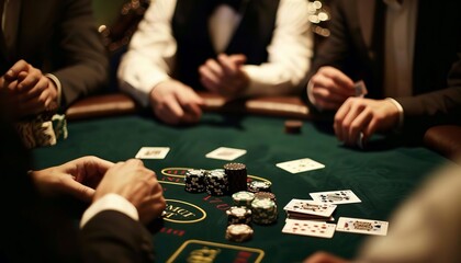 An exclusive highstakes poker game in a private casino room, with wealthy individuals betting large sums