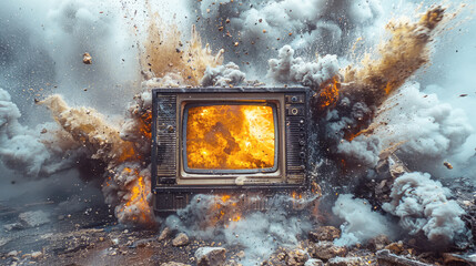 Old vintage TV burning in flames. A destroyed TV as a symbol of refusal to watch propaganda programs and news channels.