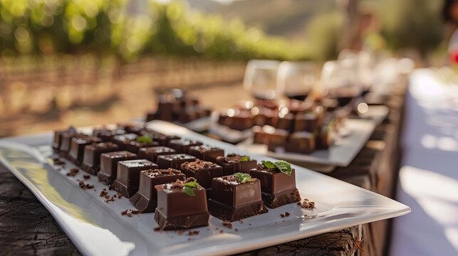 A decadent chocolate and wine tasting event in a private vineyard, with guests enjoying the finest pairings