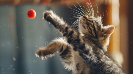 Obraz premium A kitten is playing with a red ball