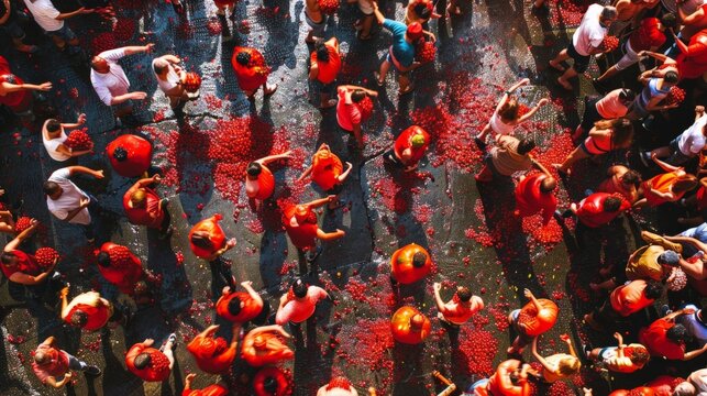 A large crowd of people are throwing tomatoes at each other in celebration of La Tomatina festival.