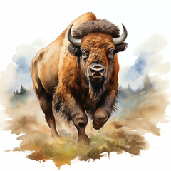 A close-up of a wild brown American bison, a mammal with horns, isolated on a white background.