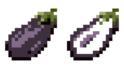 Fototapeta premium Eggplant pixel icons Vector illustration on isolated background. Minimalistic 8-bit icon in retro style. Ideal for use in retro games, food labels, juice labels, kids products, or healthy lifestyle