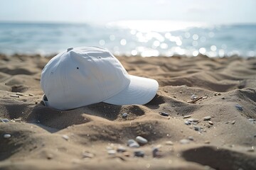 Obraz premium Summer vacation concept white hat on a tropical beach. Cap mockup, hat on beach, white cap on beach, summer vibes. Tropical Beach White Hat Summer