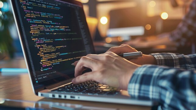 A programmer writes code on a laptop. Programming languages.
