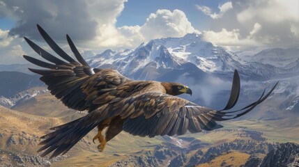 Steppe eagle, showing the wingspan, flight in the air, soaring.