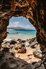 The summer beach from the inside of a large rock cave, summer holiday
