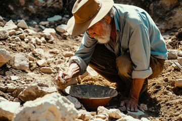 Old man with a hat examines a stone while gold panning in a rocky creek